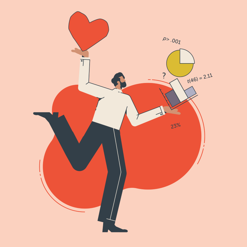 Graphic of a person balancing spreadsheets and pie charts on one hand and a giant heart on the other.