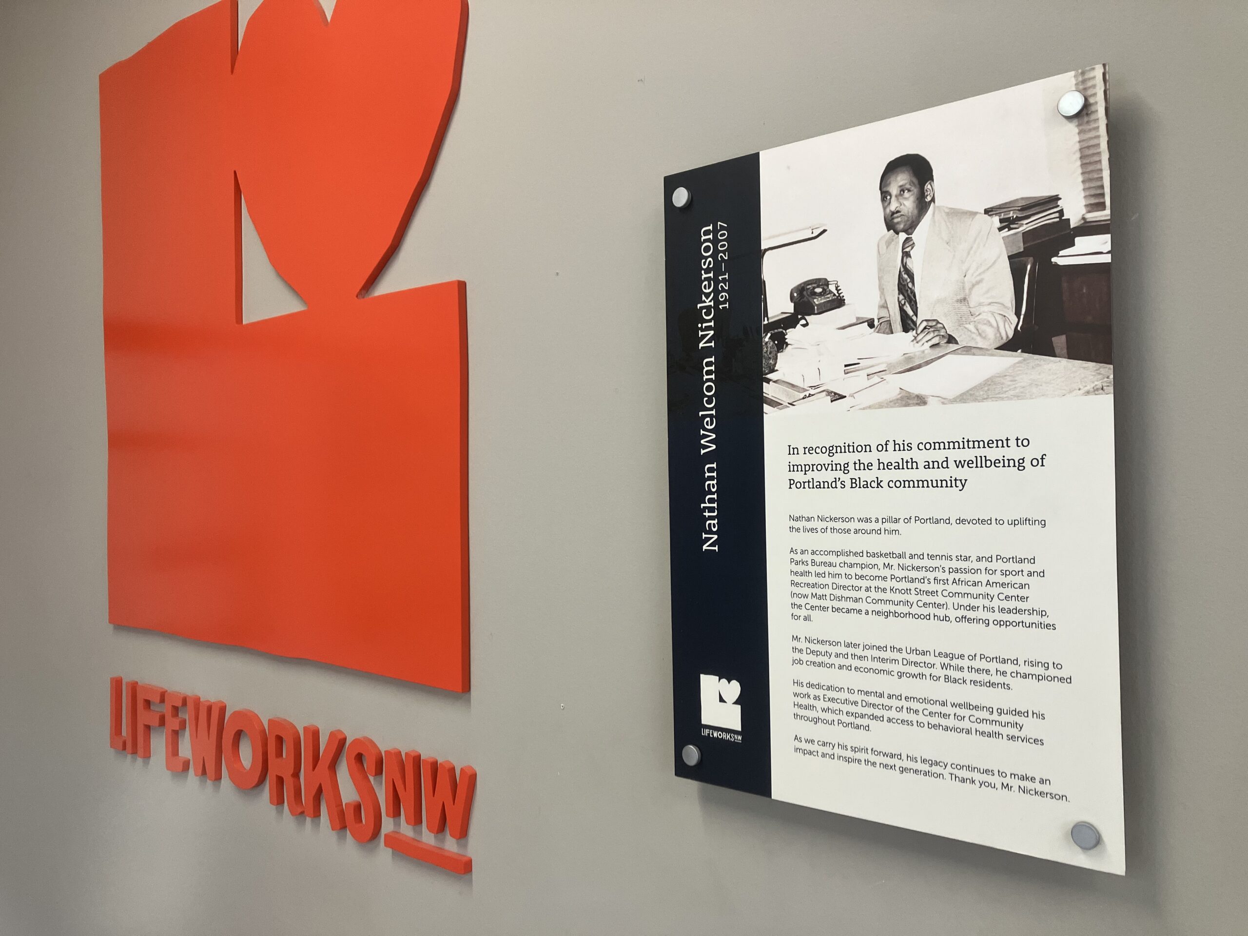 A plaque honoring Nathan Welcom Nickerson hangs in the King lobby.